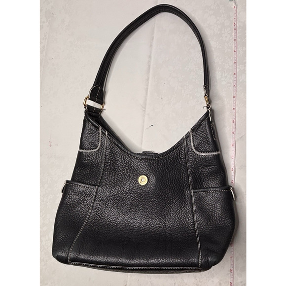 Fossil Black Pebbled Leather Shoulder Bag Purse Hobo Tote w/ Buckle & Contrast S - Picture 10 of 13